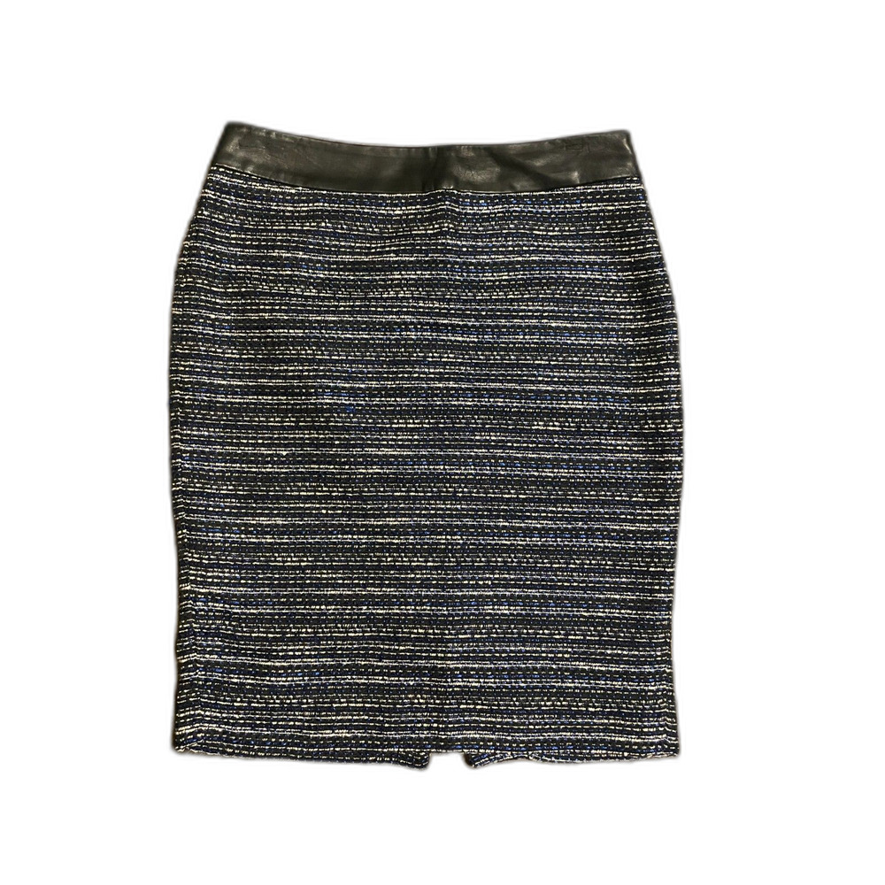 The Limited Black/Blue/White Tweed Pencil Skirt with Faux Leather Trim Sz 4